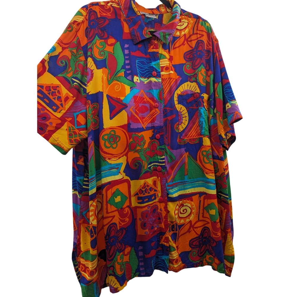 Vintage C.M. Shapes Abstract Geometric Rayon Button Down Shirt Multicolored 3X
